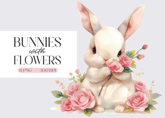 Watercolor Bunnies with Flowers Clipart Graphic Illustrations By primroseblume