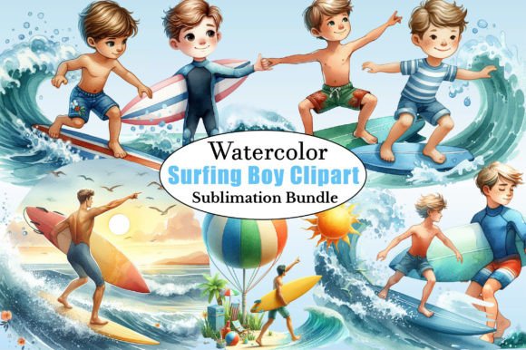 Watercolor Surfing Boy PNG Clipart Gráfico Ilustraciones Imprimibles Por CitraGraphics