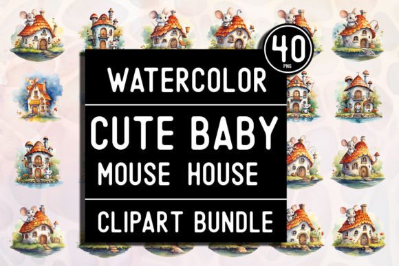 Watercolor Cute Baby Mouse House Clipar Gráfico Ilustrações para Impressão Por clipart_Live