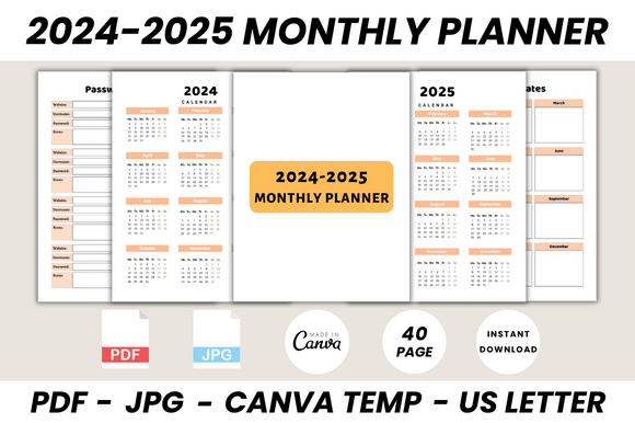 2024-2025 Monthly Planner Canva Template Gráfico Plantillas de Impresión Por DIGITAL PRINT BOX