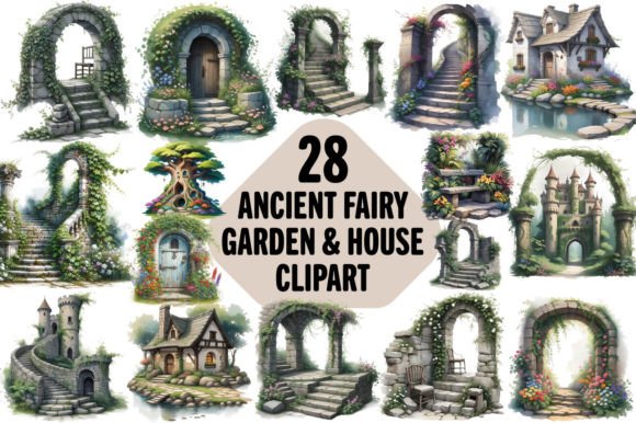 Ancient Fairy Garden and House Clipart Graphic Illustrations By shipna2005
