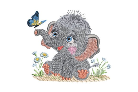 Baby Elephant in Meadow Baby Animals Embroidery Design By EmbArt