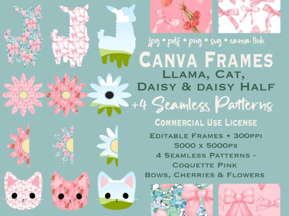 Llama Daisy Cat Canva Frame, Bow Pattern Graphic Crafts By Blynn Pippen