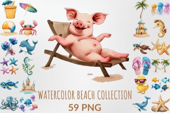 Watercolor Beach Collection for Kids Graphic Illustrations By DigitalCreativeDen