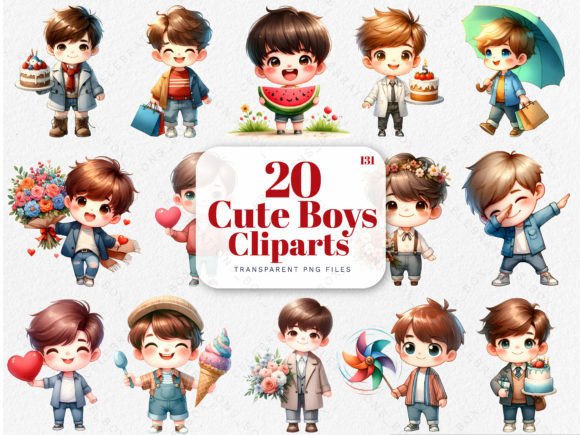 Watercolor Cute Boys Clipart PNGs Illustration Illustrations Imprimables Par CelebrationsBoxs