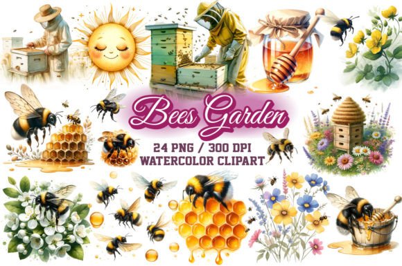 Bees Garden Watercolor Sublimation PNG Gráfico Ilustrações para Impressão Por shipna2005