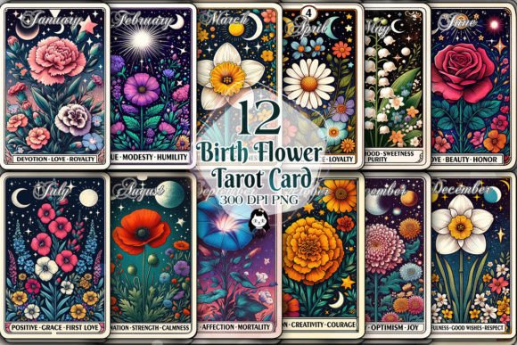 Birth Month Flower Tarot Card Clipart Grafik Druckbare Illustrationen Von Cat Lady