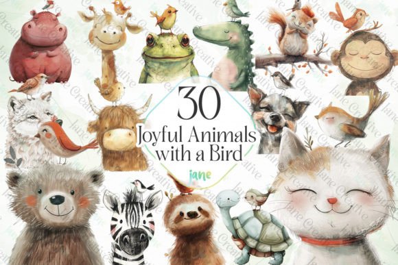 Joyful Animals with a Bird Sublimation Gráfico Ilustrações para Impressão Por JaneCreative