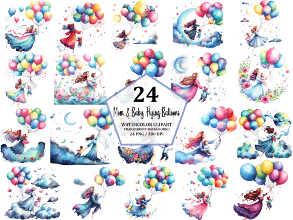 Mom & Baby Flying Balloons Clipart PNG Graphic Illustrations By Pixelique