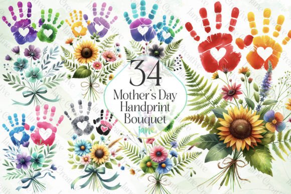Mother's Day Handprint Bouquet Bundle Grafica Illustrazioni Stampabili Di JaneCreative