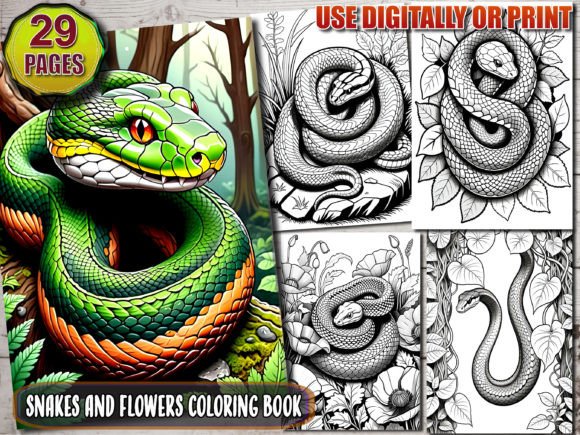 Snakes and Flowers Coloring Book Graphic AI Coloring Pages By bfoudil.bf