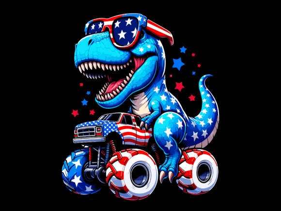 T-Rex Riding Monster Truck 4th of July Graphic T-shirt Designs By Trendy Creative