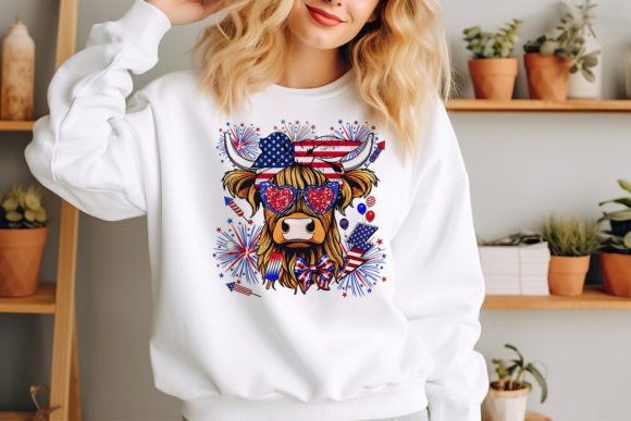 Western America Highland Cow 4th of July Graphic T-shirt Designs By Beer Design