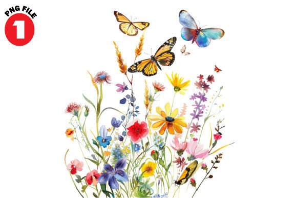 Wild Flowers Butterflies and Dragonfly C Gráfico Ilustrações para Impressão Por MockupHouse