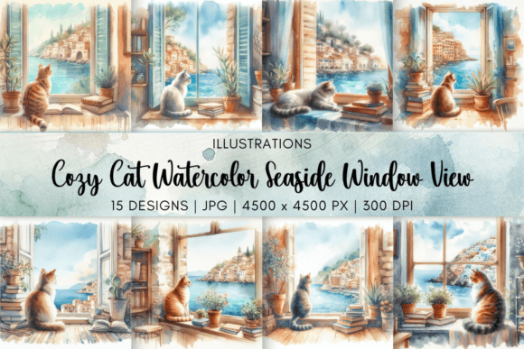Cozy Cat Watercolor Seaside Window View Graphic Illustrations By Artistic Wisdom