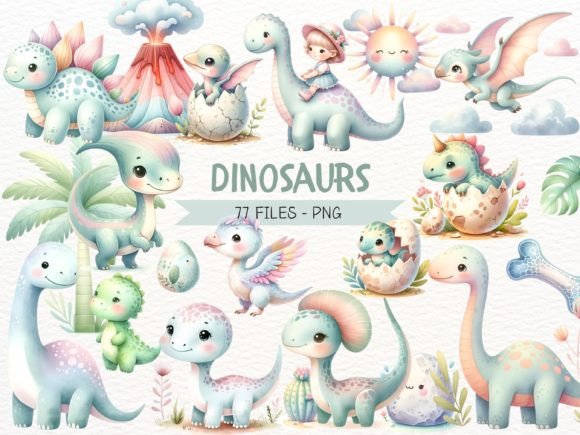 Dinosaurs Watercolor Clipart.Pastel Dino Graphic Illustrations By Nicolle's Colorful Art