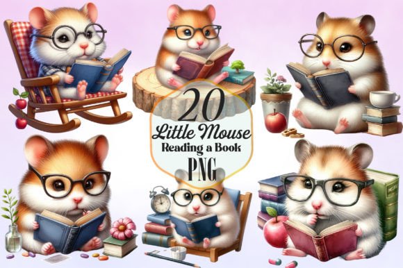 Little Mouse Reading a Book Clipart Grafik Druckbare Illustrationen Von PinkDigitalArt