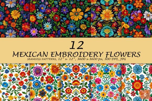 Mexican Embroidery Flowers Pattern Gráfico Patrones de Papel Por TityDesign