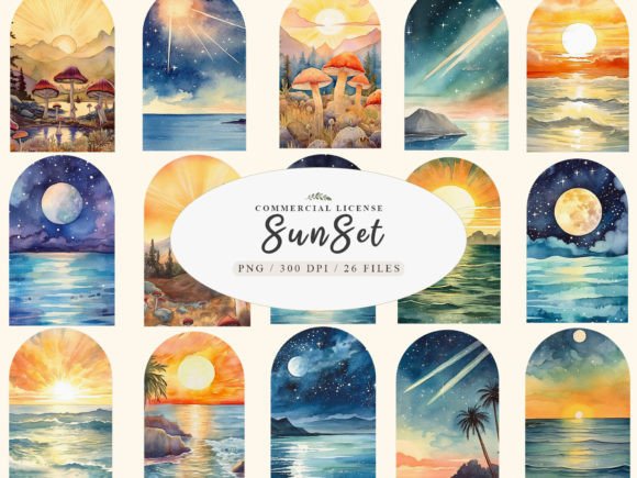 Watch the Sunset, Sunset Light,Retro Png Graphic Illustrations By UsisArt