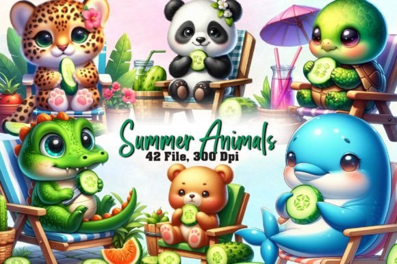 Watercolor Summer Animals Clipart Gráfico Ilustraciones Imprimibles Por Dreamshop