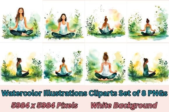 Yoga Girls Watercolor Set of 8 Cliparts Graphic AI Illustrations By KGNgraphics.Co.