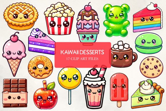 Bright & Bold Kawaii Desserts Clip Art Graphic AI Illustrations By Patterns for Dessert