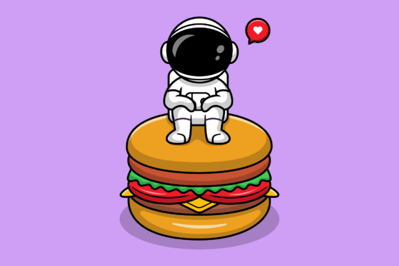 Cute Astronaut Sitting on Burger Cartoon Gráfico Ilustrações para Impressão Por catalyststuff