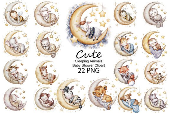 Cute Sleeping Animal Baby Shower Clipart Grafika Ilustracje do Druku Przez Dreamy Art