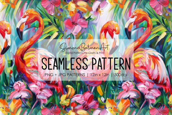 Flamingoes Oil Painting Seamless Pattern Gráfico Patrones de Papel Por Simone Balman Art