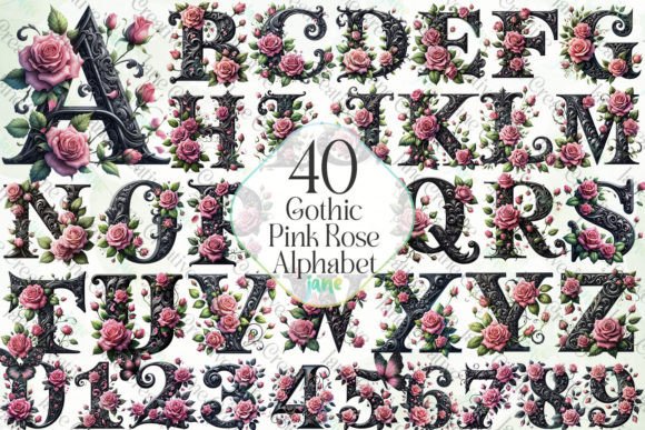 Gothic Pink Rose Alphabet Sublimation Graphic Illustrations By JaneCreative