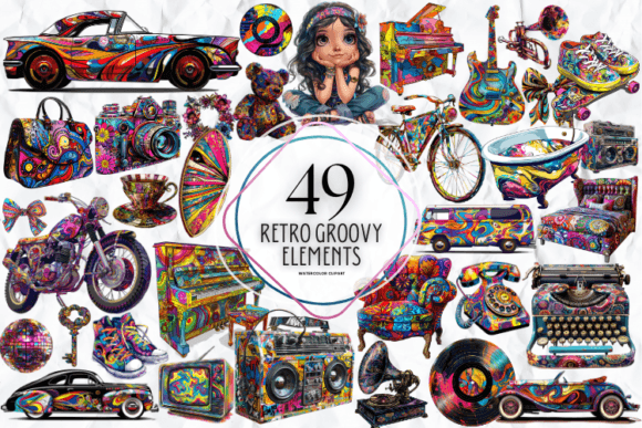 Retro Groovy Elements Clipart Graphic Illustrations By Markicha Art