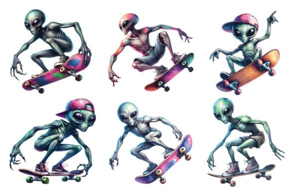 Set of Skateboarding Alien PNG. Graphic AI Transparent PNGs By Seventh Knight Artwork