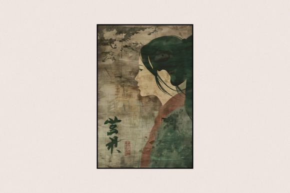 Vintage Poster with Japanese Woman Graphic Illustrations By Art's and Patterns