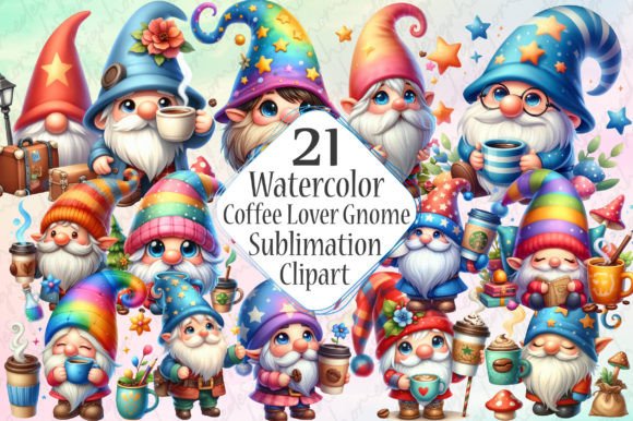 Watercolor Coffee Lover Gnome Clipart Illustration Illustrations Imprimables Par designhome