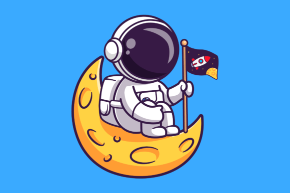 Cute Astronaut Holding Flag on Moon Grafik Druckbare Illustrationen Von catalyststuff