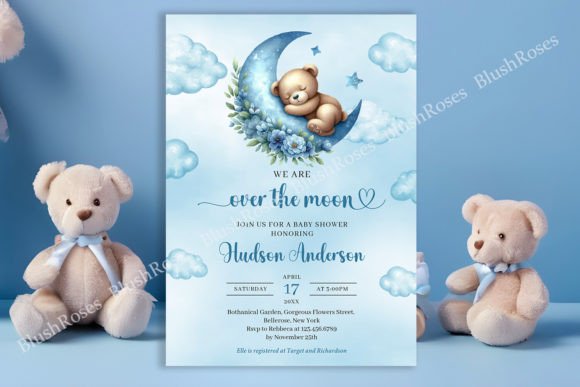 Cute Sleeping Teddy Bear over the Moon I Graphic Print Templates By Blush Roses