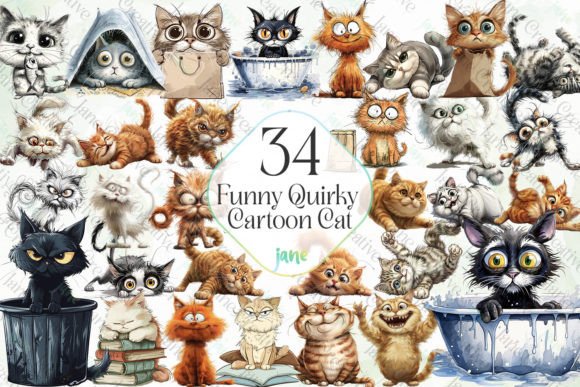Funny Quirky Cartoon Cat Sublimation Illustration Illustrations Imprimables Par JaneCreative
