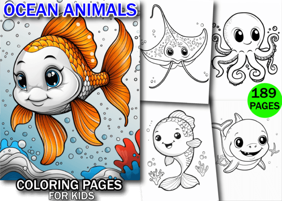 Ocean Animals Coloring Book for Kids Gráfico Desenhos e livros para colorir para crianças Por Design Zone
