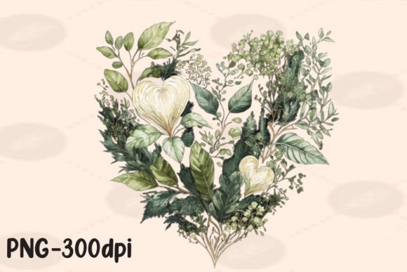Vintage Greenery Heart Florals PNG Graphic Illustrations By PrintExpert