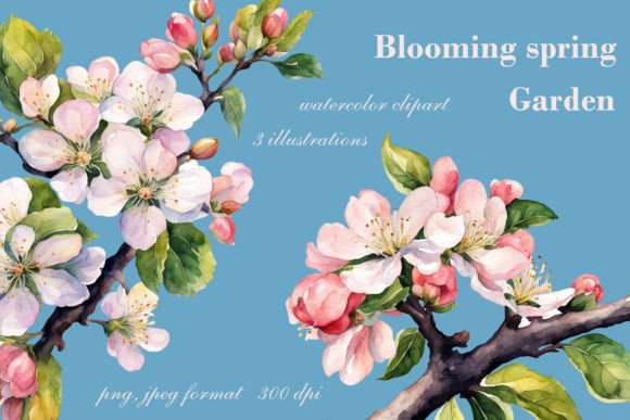 Blooming Garden Watercolor Clipart. Afbeelding AI Illustraties Door sabina.zhukovets