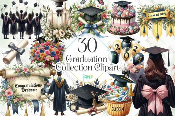 Graduation Collection Clipart Gráfico Ilustraciones Imprimibles Por JaneCreative