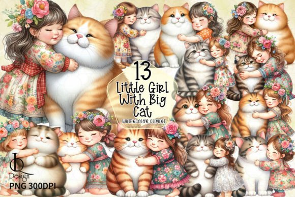 Little Girl with Big Cat Clipart PNG Graphic Illustrations By LQ Design