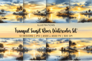 Tranquil Sunset River Watercolor Set Gráfico Ilustrações para Impressão Por Artistic Wisdom 1