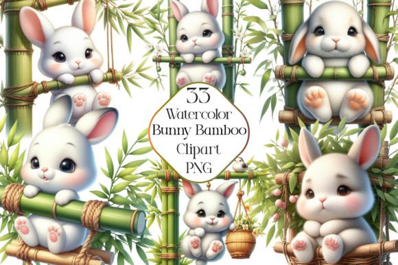 Watercolor Bunny with Bamboo Clipart Graphic Illustrations By CraftArtStudio