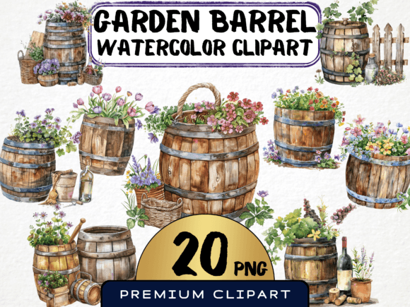 Watercolor Garden Barrel Clipart Graphic Illustrations By MokoDE