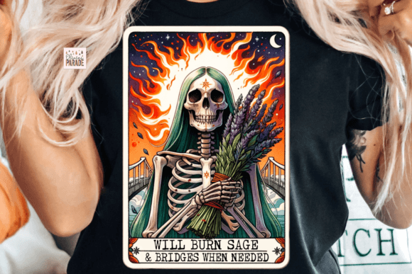 Witch Skeleton Tarot Card PNG Burn Sage Grafica Modelli di Stampa Di Pixel Paige Studio