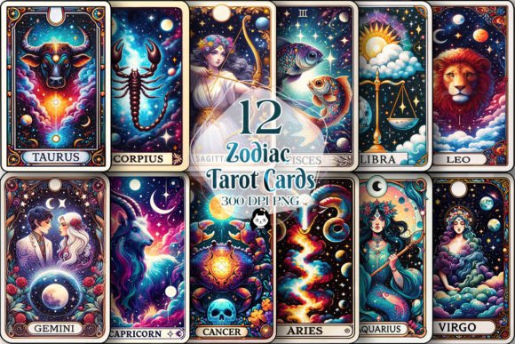 Zodiac Sign Tarot Cards Sublimation Grafika Ilustracje do Druku Przez Cat Lady