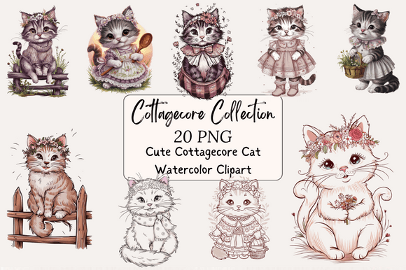 Cute Cottagecore Cat Watercolor Clipart Graphic AI Illustrations By Digital Fouzia