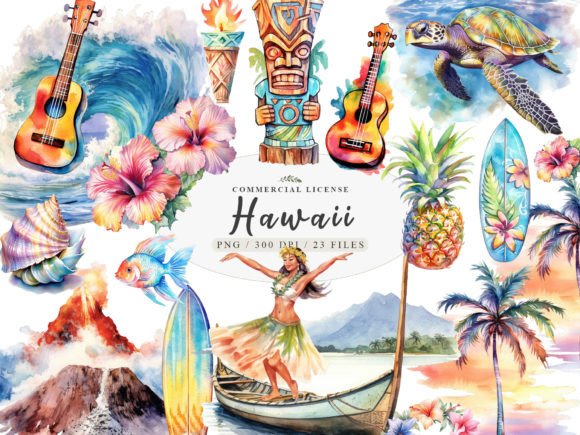 Hawaii Watercolor Tiki Art, Tropical Png Grafik Druckbare Illustrationen Von UsisArt
