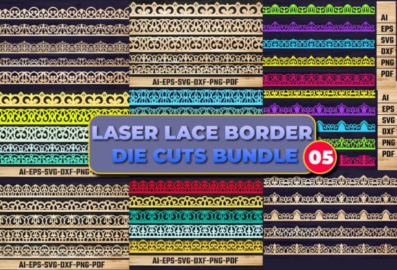 Laser Cut Lace Border Die Cuts Bundle 05 Gráfico SVG 3D Por LaijuAkter